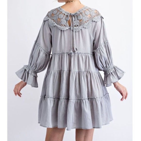 Easel Crochet Lace Gauze Ruffled Oversized Pleated Dress In Sky Blue. NWT! Sz S - Picture 4 of 8